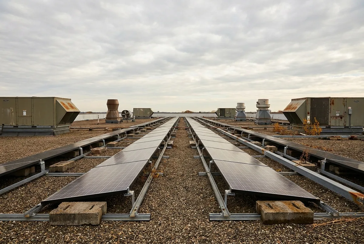 Aufgeständerte Solarmodulreihen auf dem Flachdach eines Gewerbegebäudes