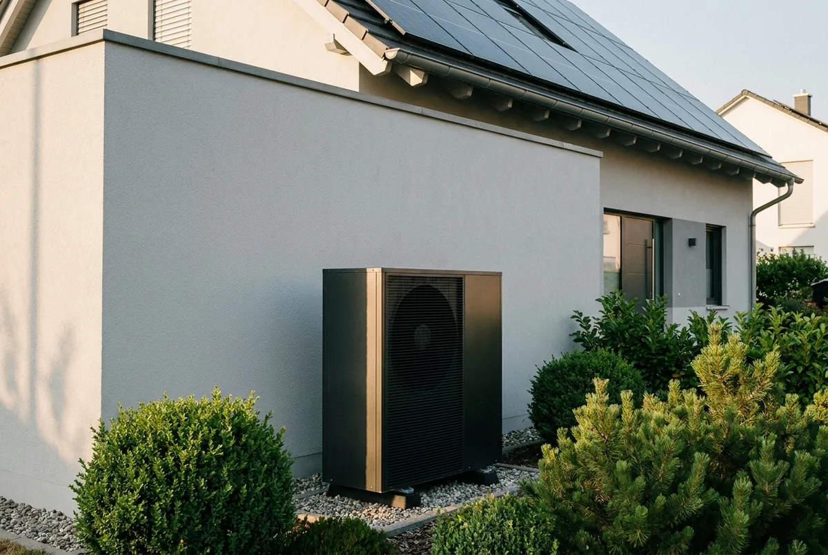 Außeneinheit einer Wärmepumpe an der Hauswand, darüber ein Dach mit Solarmodulen