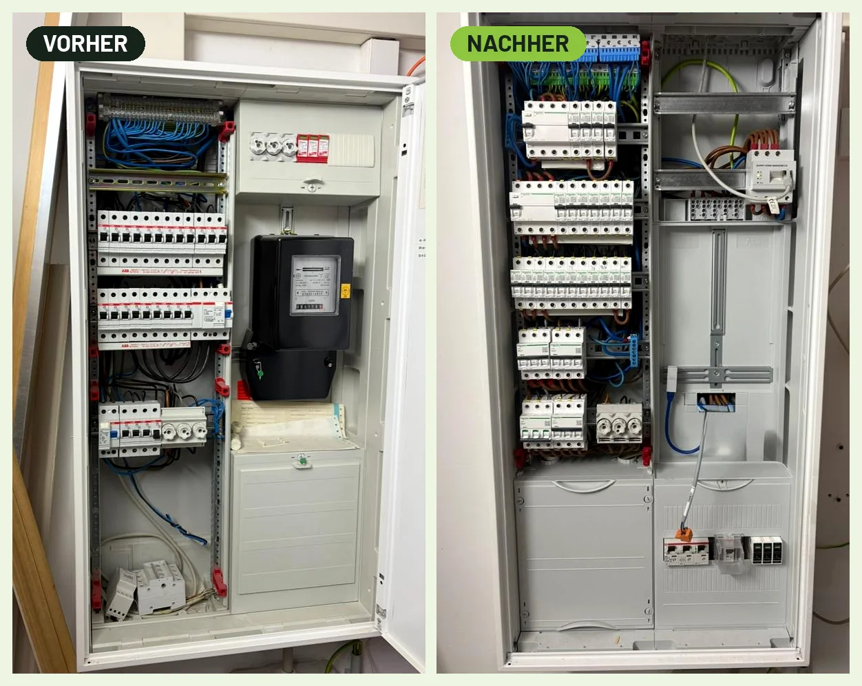 Vergleich: links der alte Zählerschrank mit Drehstromzähler, rechts der neue Zählerschrank nach TAB