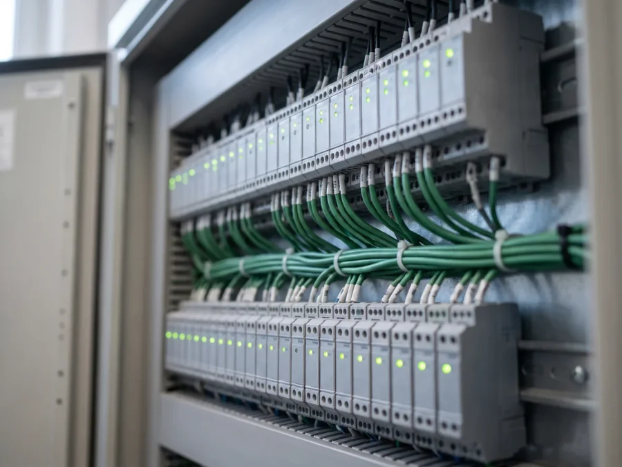 Reiheneinbaugeräte der Gebäudeautomation mit grüner Busleitung in einer Verteilung