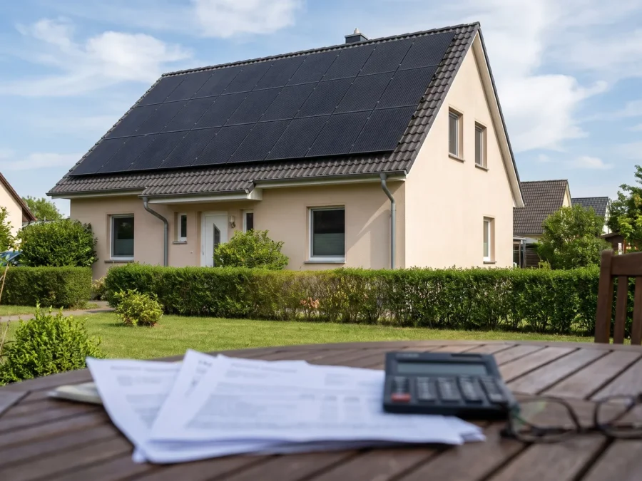 Einfamilienhaus mit Photovoltaikanlage, im Vordergrund Förderantrag und Taschenrechner auf einem Gartentisch