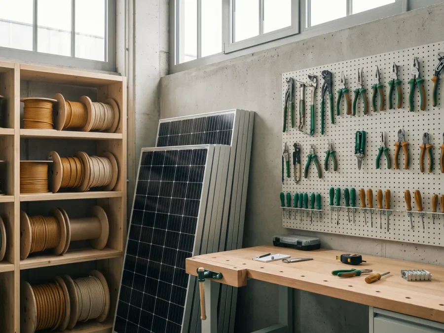 Werkstatt mit Kabeltrommeln im Regal, gestapelten Solarmodulen und Werkzeugwand
